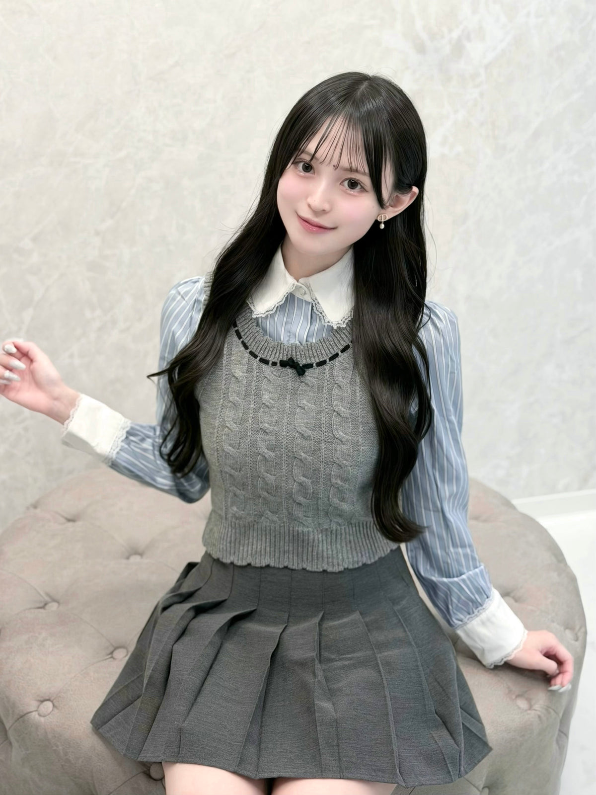リボンニットベスト×フリルブラウス×プリーツスカート 3Pセットアップ