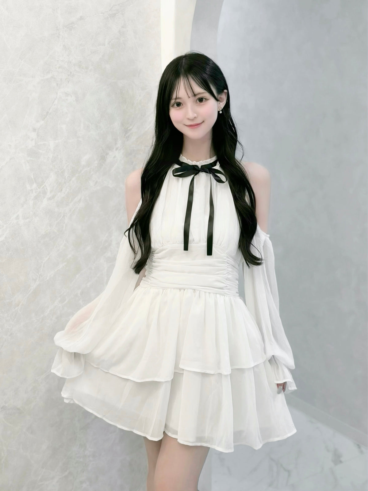 ティアード肩あきシフォンリボンワンピ