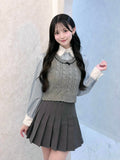 リボンニットベスト×フリルブラウス×プリーツスカート 3Pセットアップ