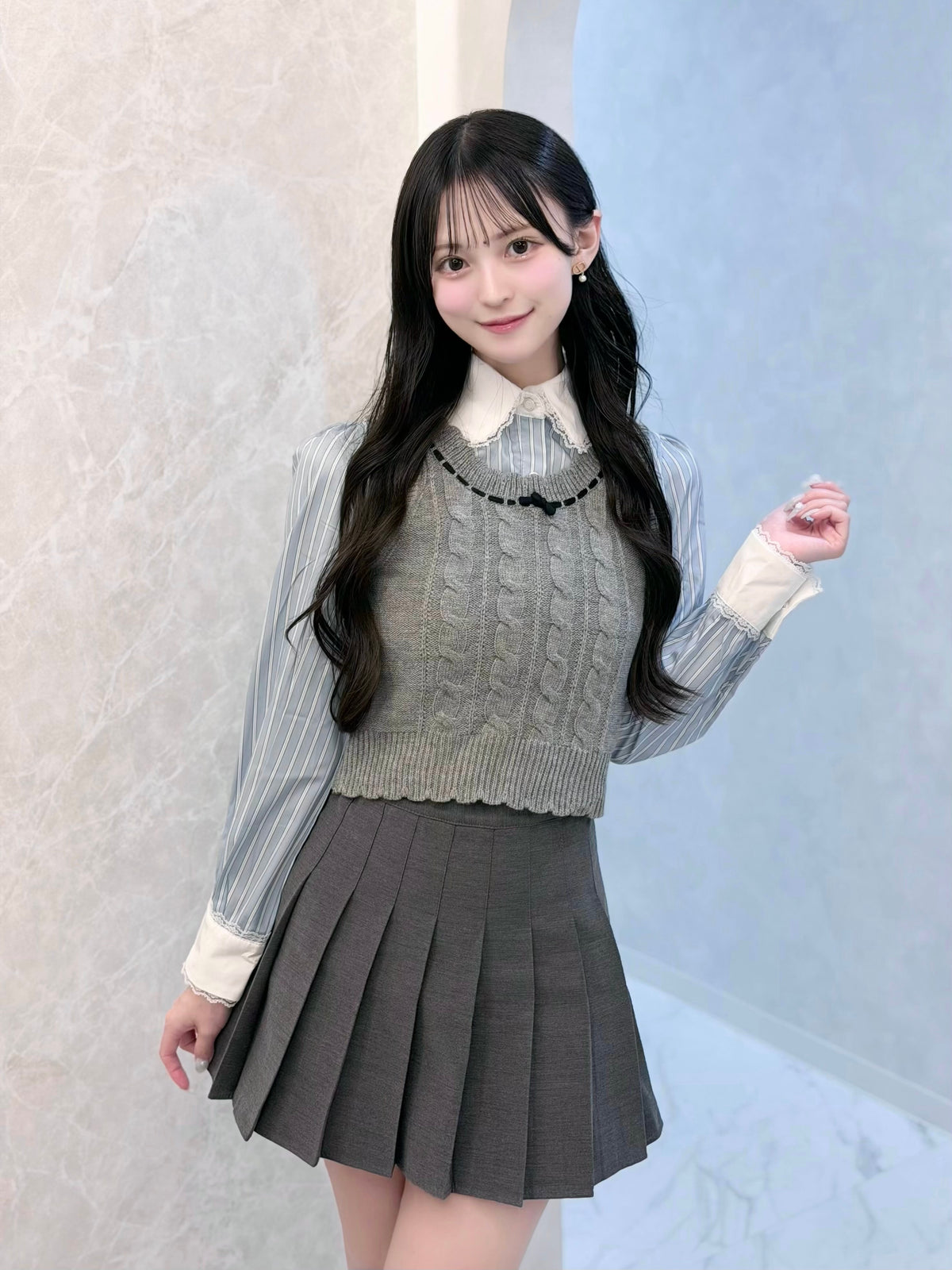 リボンニットベスト×フリルブラウス×プリーツスカート 3Pセットアップ
