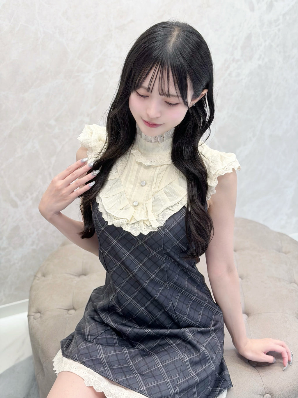 リボン付きフリルドーリーチェックワンピ