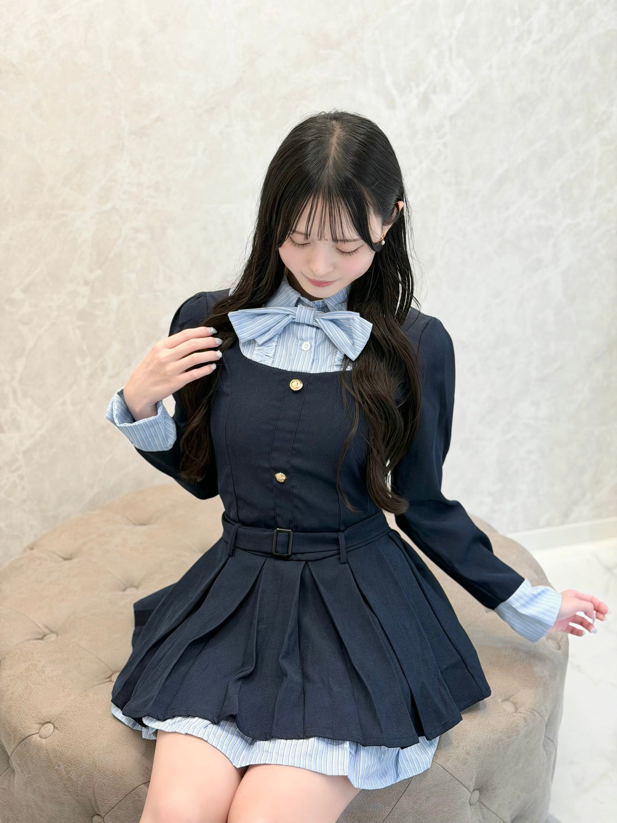 ベルト付きリボンプリーツワンピ