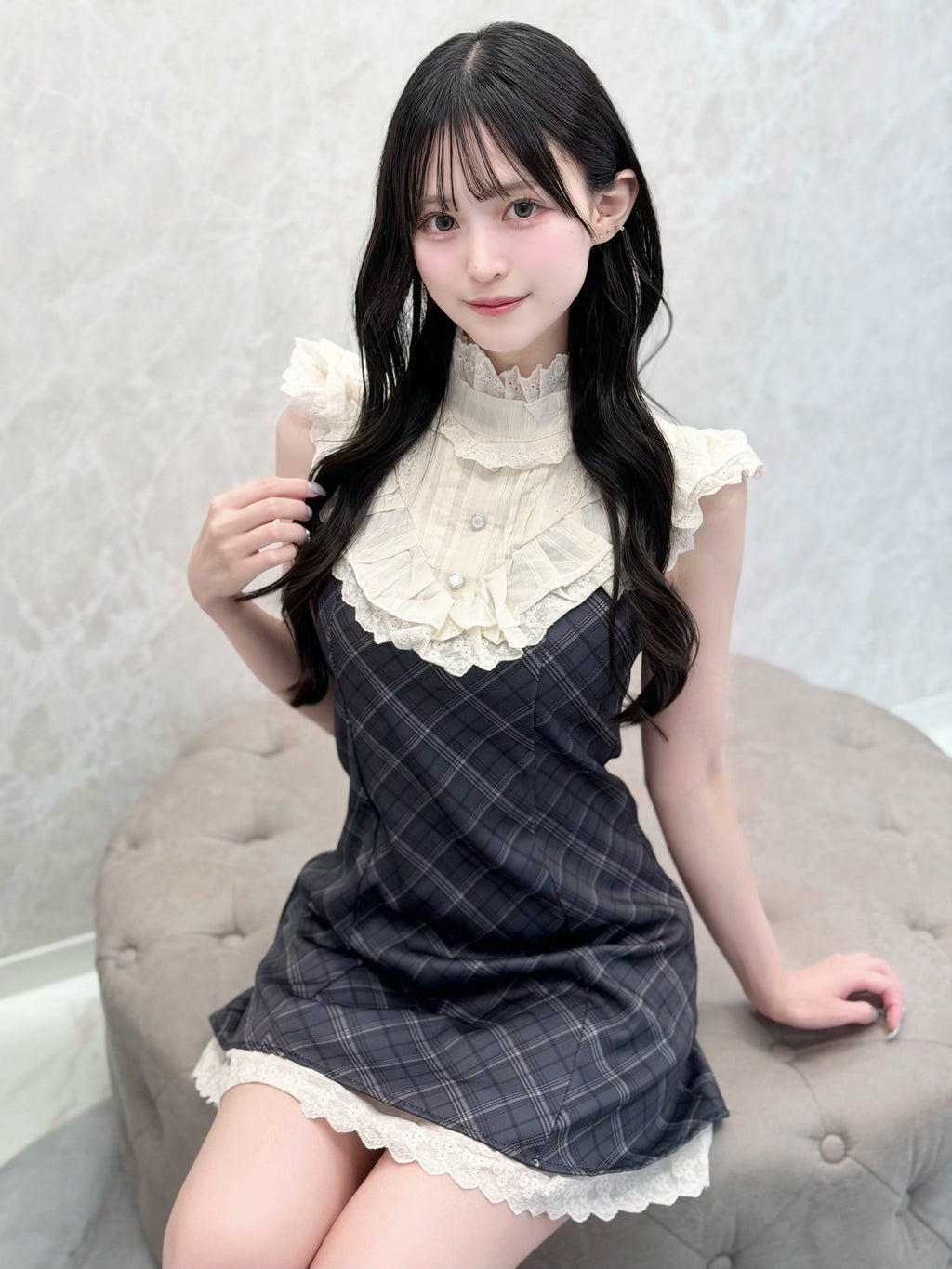 リボン付きフリルドーリーチェックワンピ