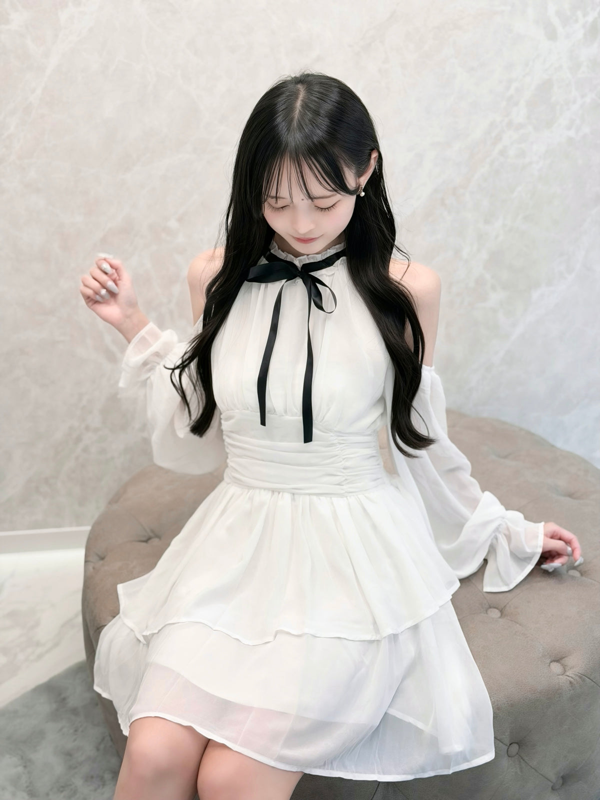 ティアード肩あきシフォンリボンワンピ