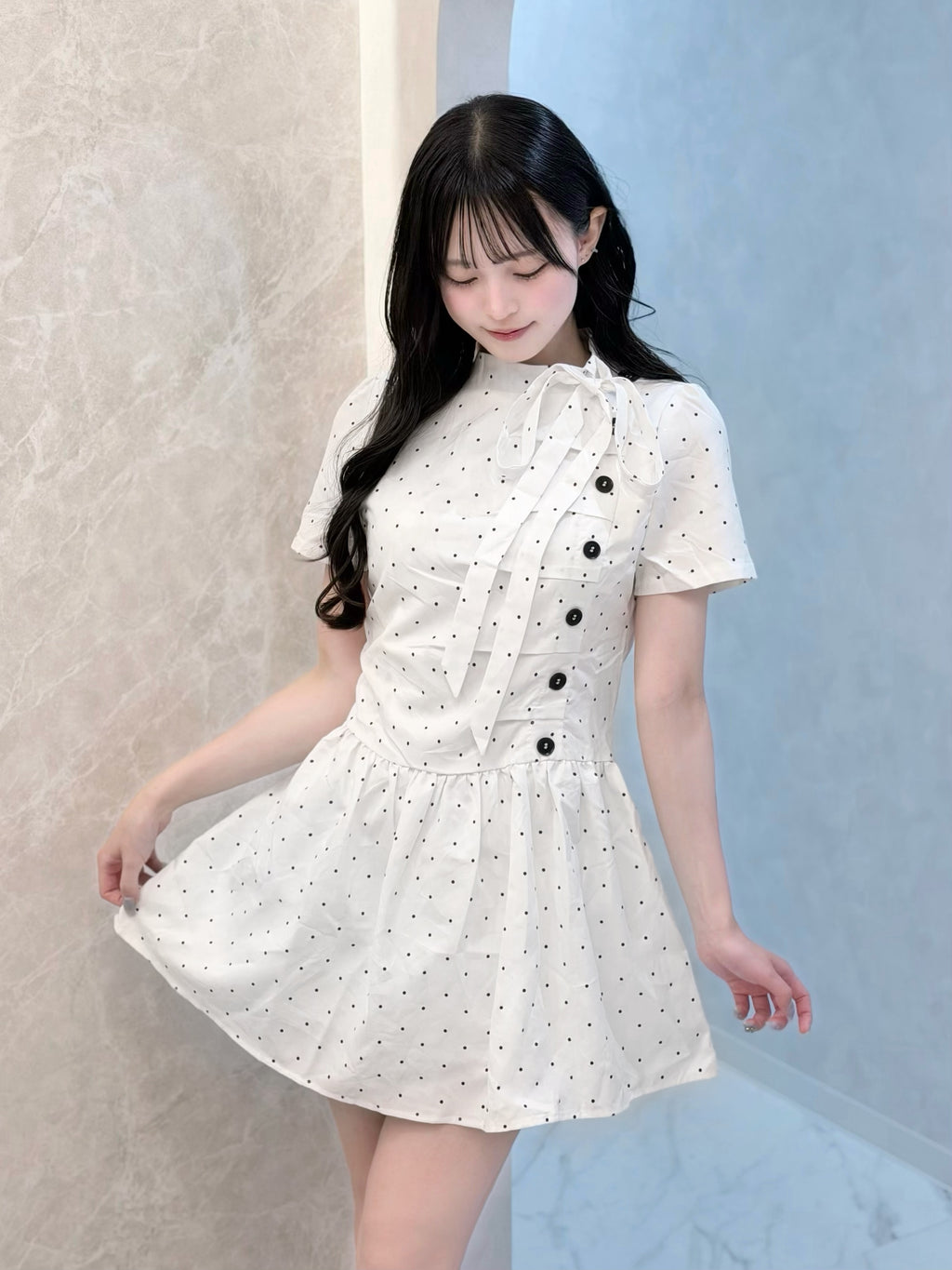 サイドボタンドットリボンミニワンピ