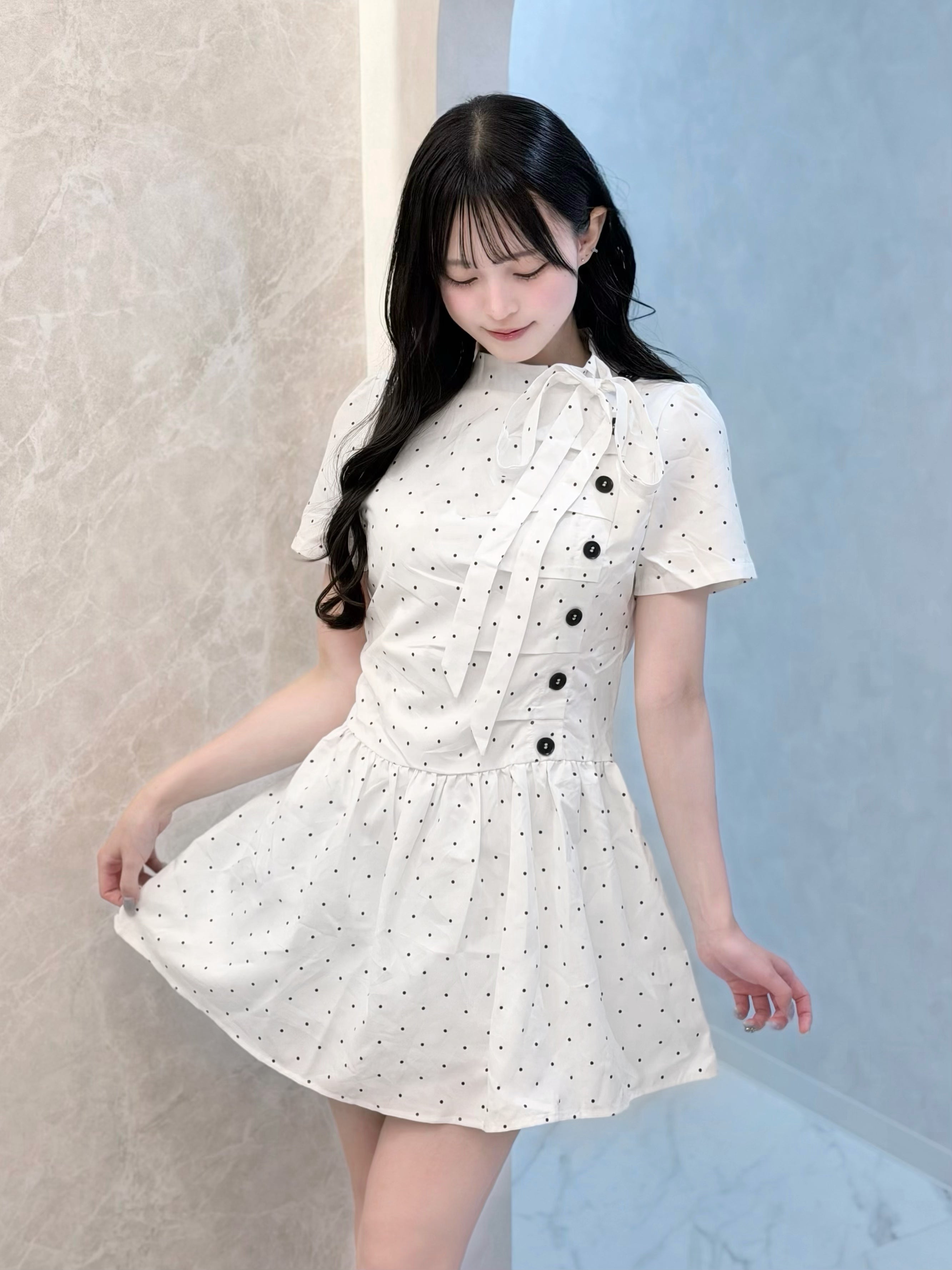 サイドボタンドットリボンミニワンピ