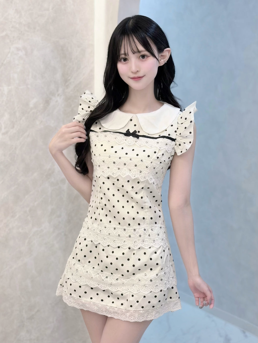 ドーリーレースドットリボンミニワンピ