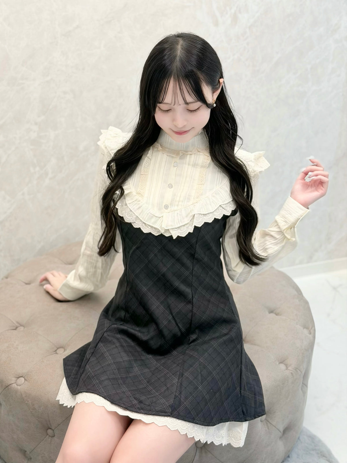 リボン付きフリルドーリーチェックワンピ