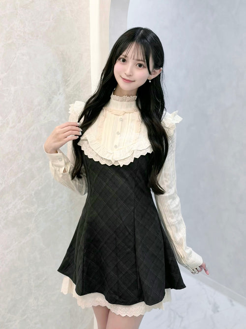 リボン付きフリルドーリーチェックワンピ