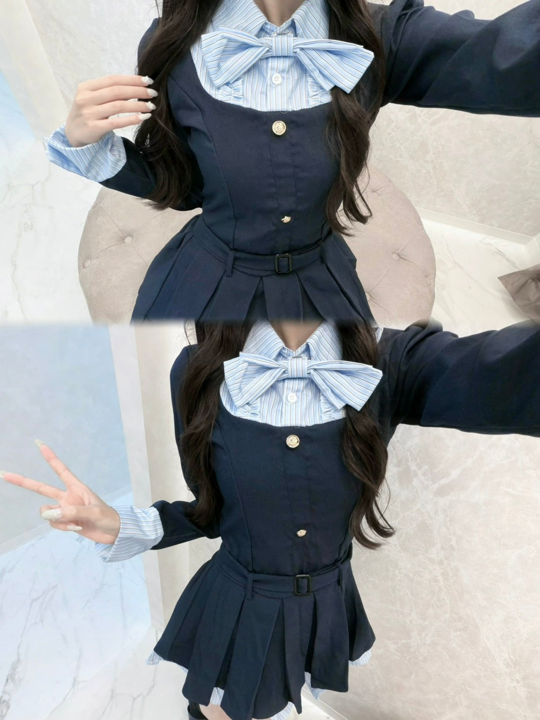 ベルト付きリボンプリーツワンピ