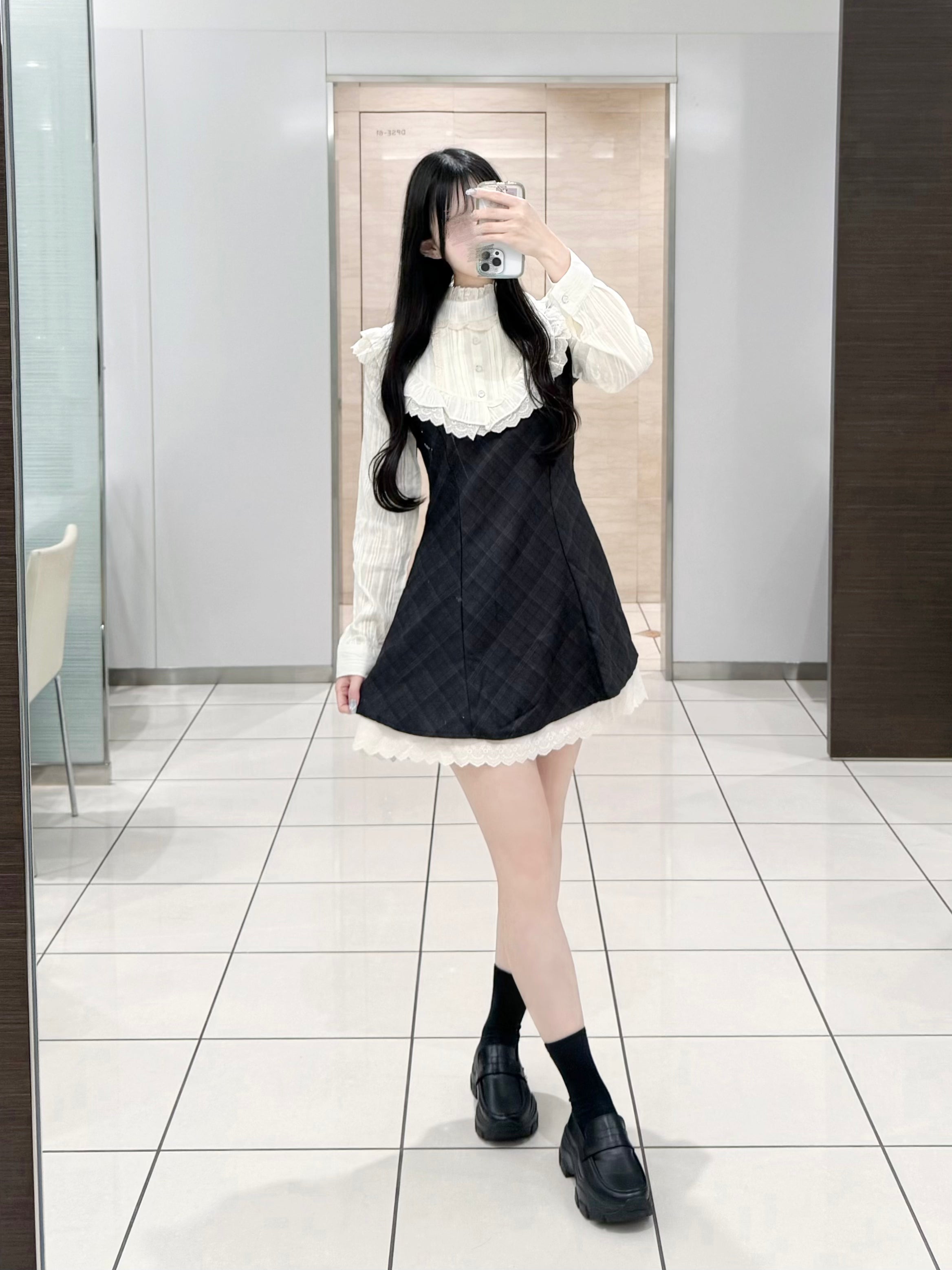 リボン付きフリルドーリーチェックワンピ