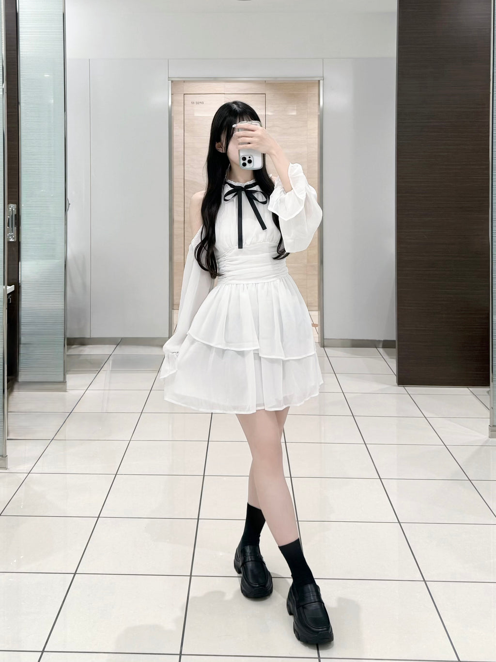 ティアード肩あきシフォンリボンワンピ