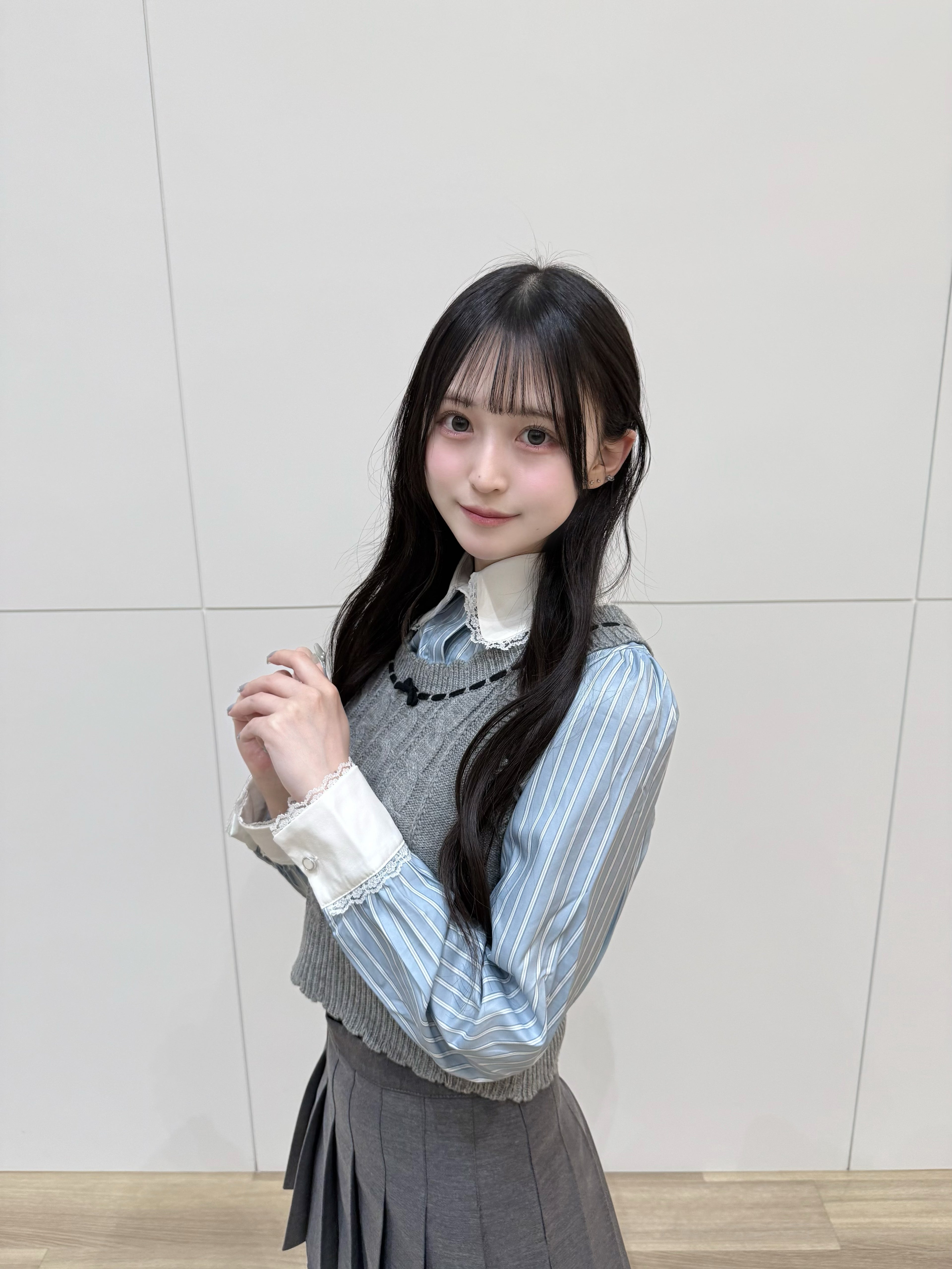 リボンニットベスト×フリルブラウス×プリーツスカート 3Pセットアップ