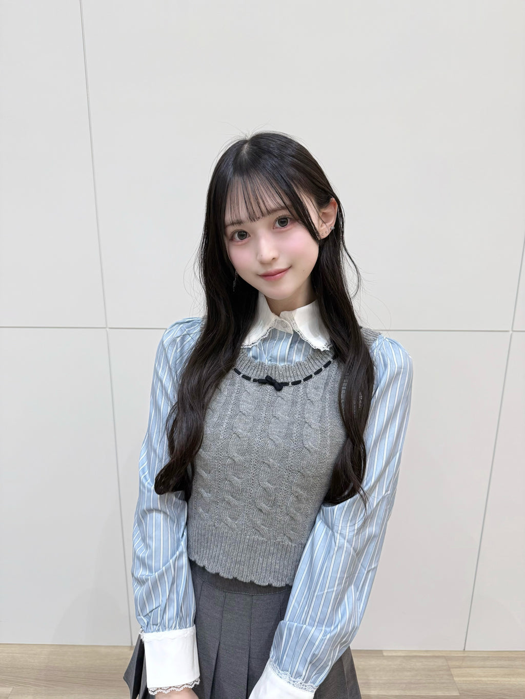 リボンニットベスト×フリルブラウス×プリーツスカート 3Pセットアップ