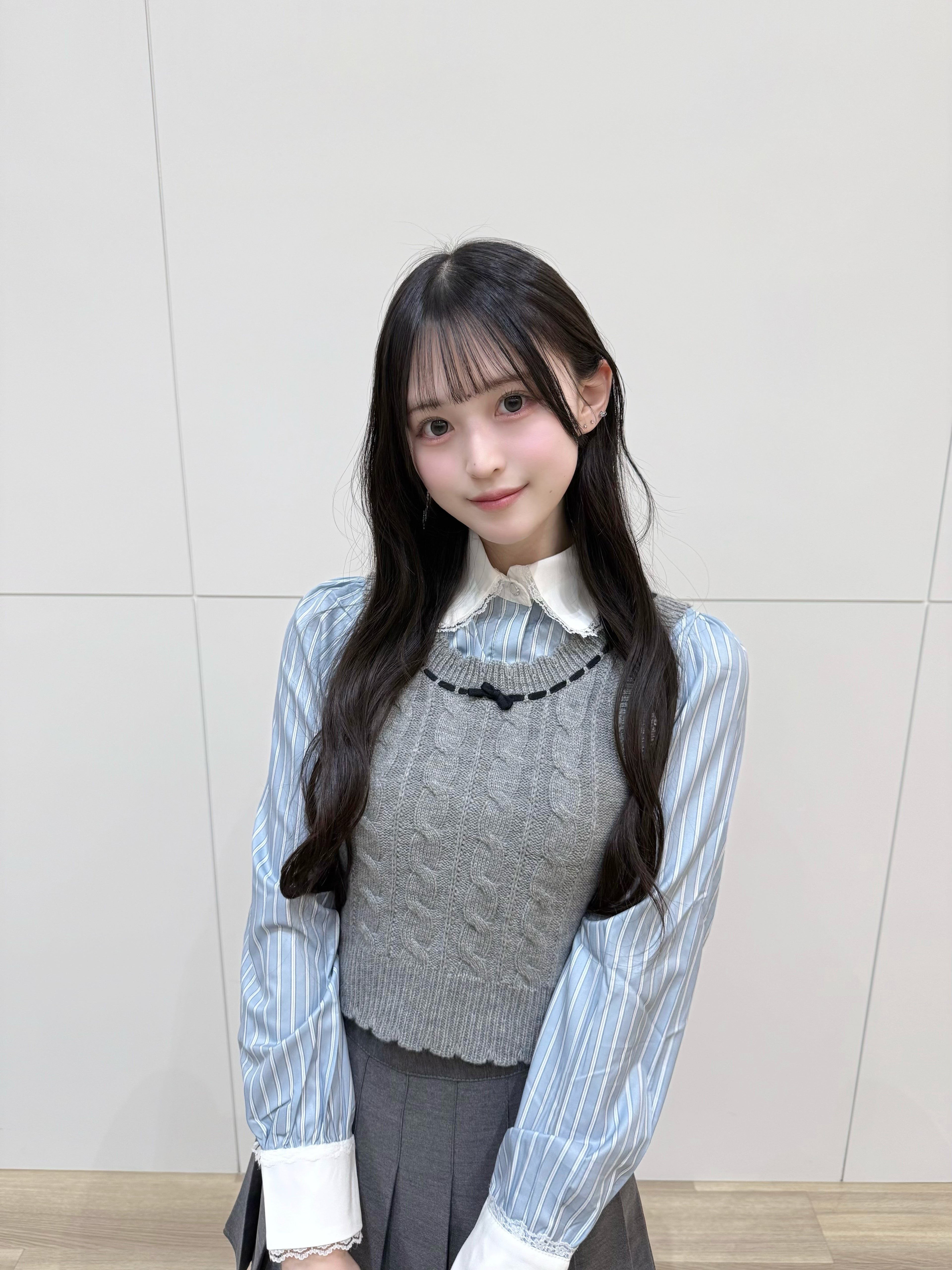 リボンニットベスト×フリルブラウス×プリーツスカート 3Pセットアップ