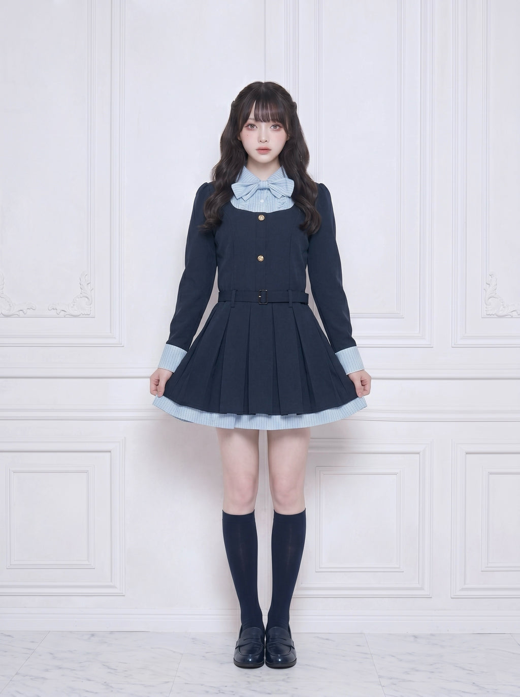 ベルト付きリボンプリーツワンピ
