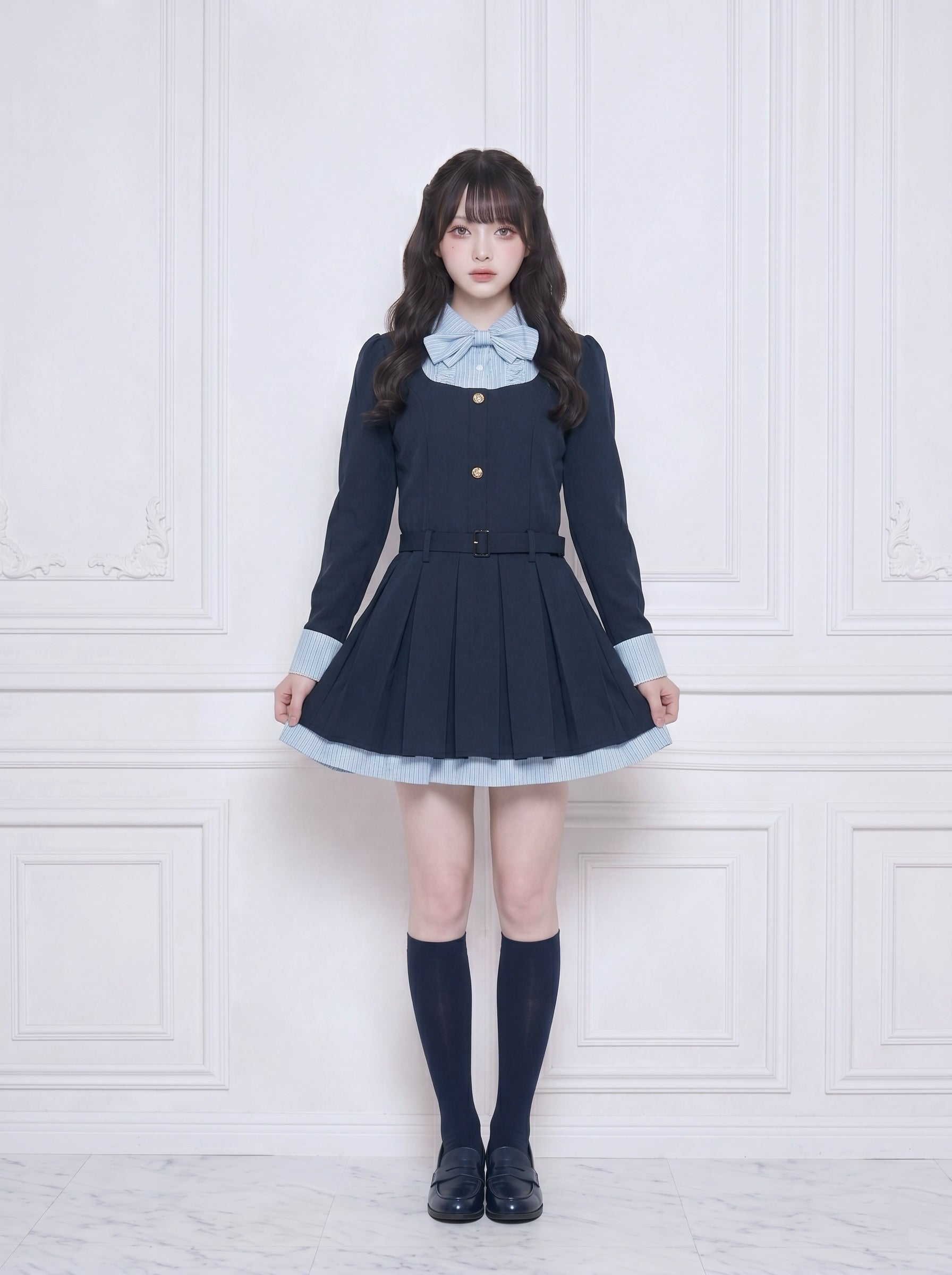 ベルト付きリボンプリーツワンピ