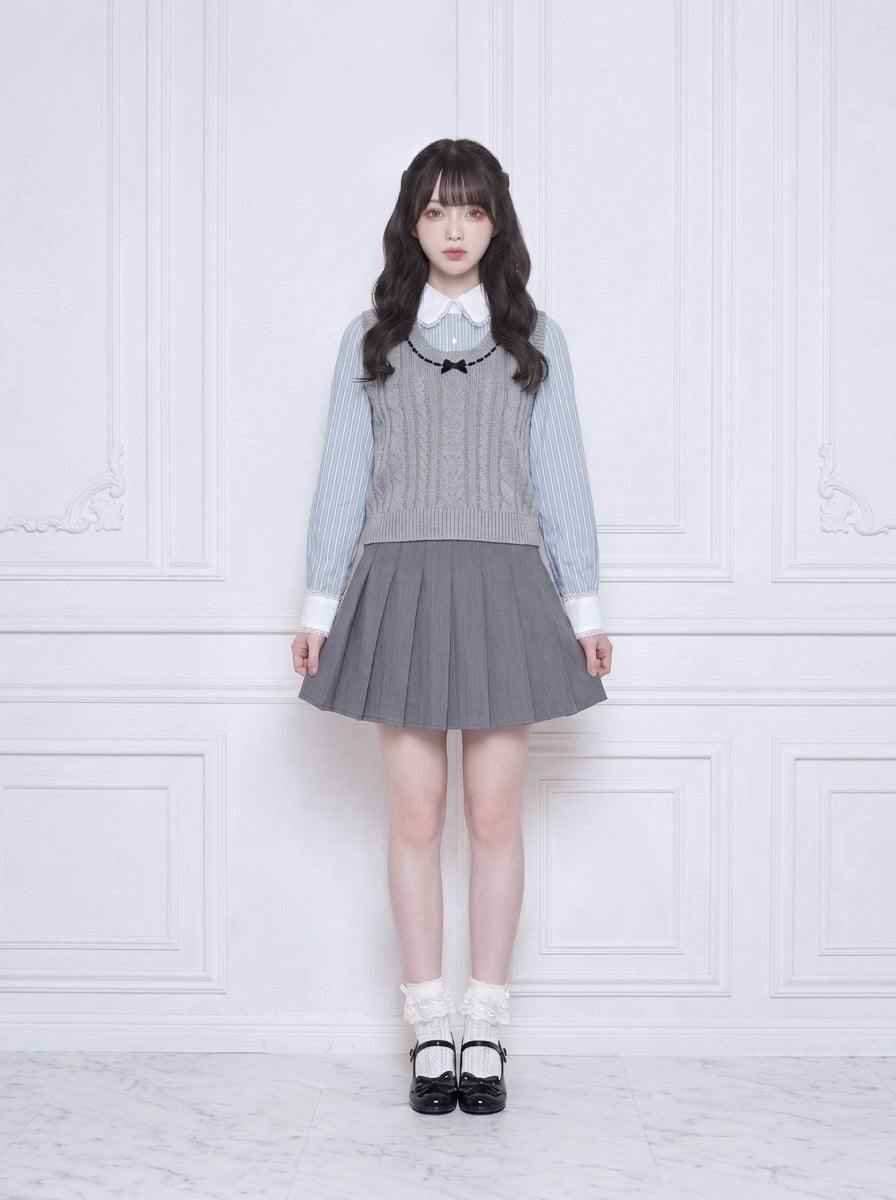 リボンニットベスト×フリルブラウス×プリーツスカート 3Pセットアップ